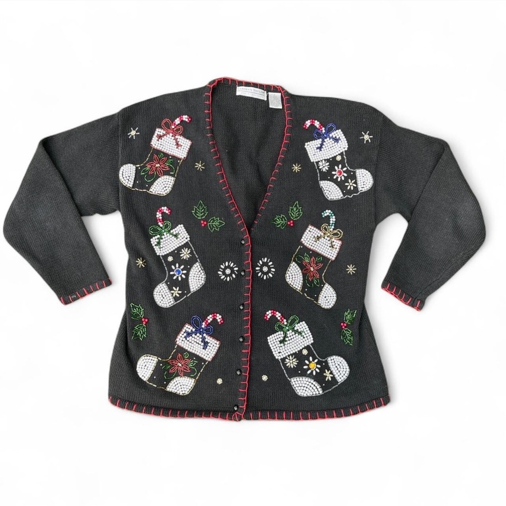 Vintage Carolyn Taylor beaded Christmas stocking cardigan sweater Size S